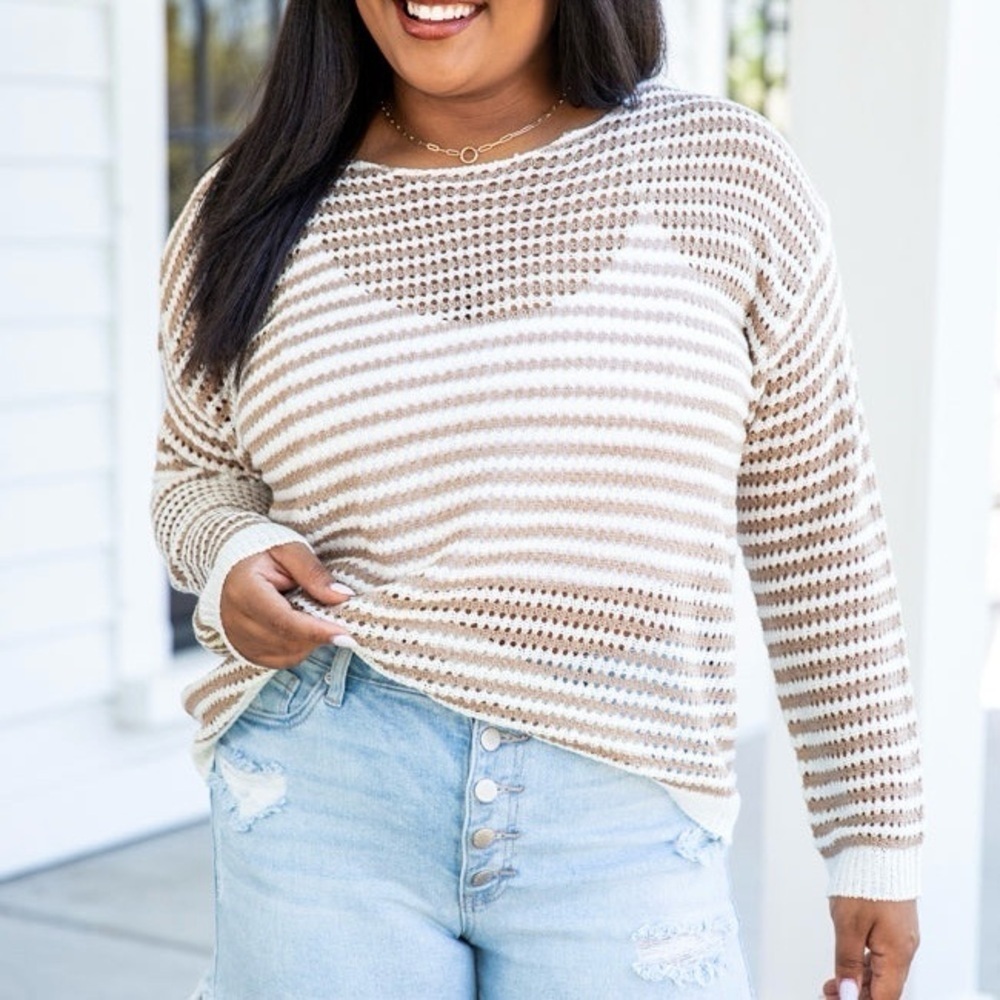Pink Lily Taupe Ivory Striped Boho Beachy Open Knit Sweater 3XL - Picture 5 of 13